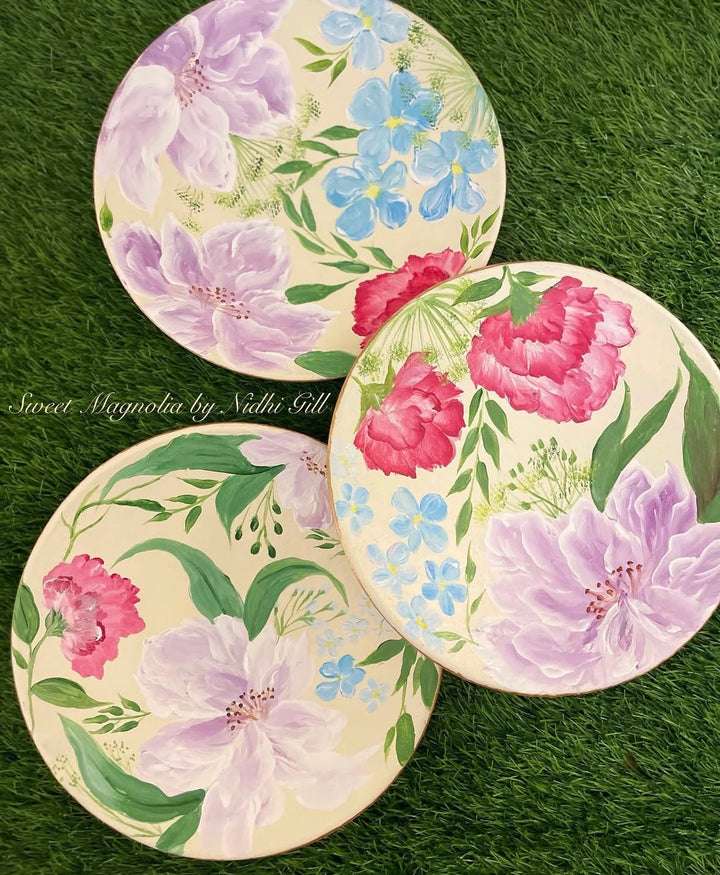 Blossom Symphony – Hand Painted Terracotta Plate Set of 3