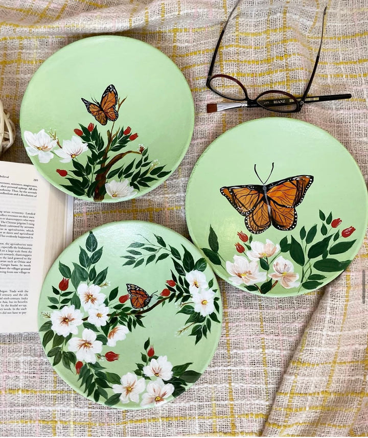 Whispers in Green – Hand Painted Terracotta Plate Set of 3