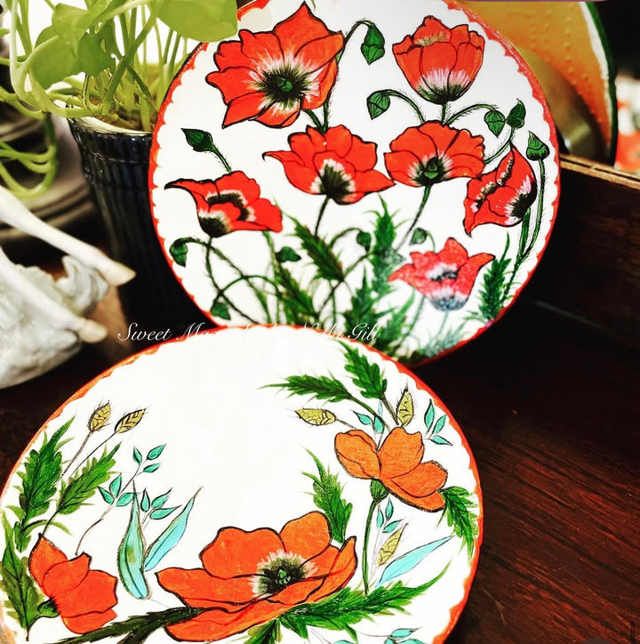 Scarlet Bloom – Hand Painted Terracotta Plate Set of 2