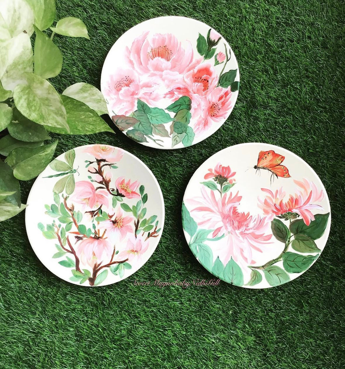 Peony Whispers – Hand Painted Terracotta Plate Set of 3
