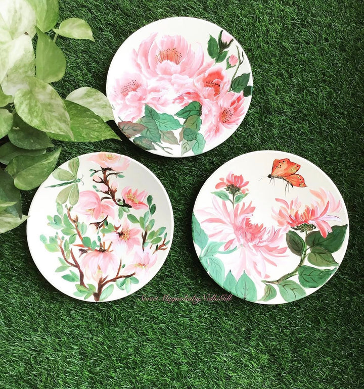Peony Whispers – Hand Painted Terracotta Plate Set of 3