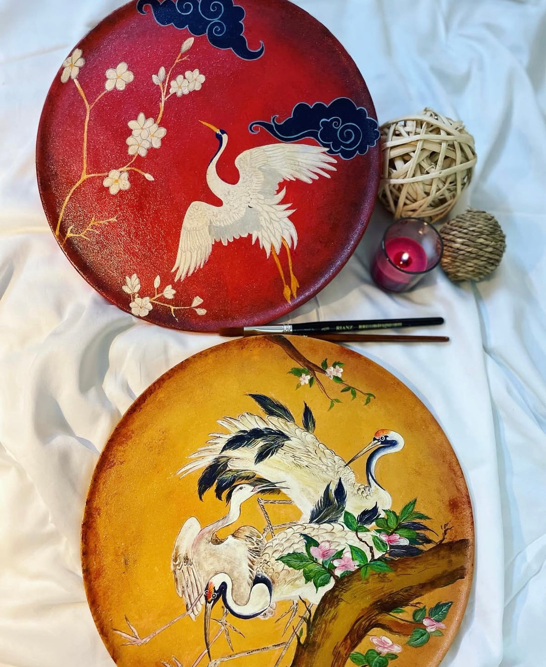 The Crane Chronicle – Hand Painted Wooden Plate Set of 2