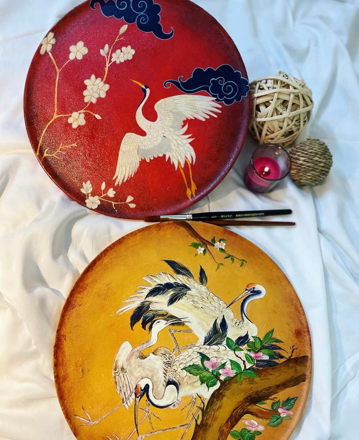 The Crane Chronicle – Hand Painted Wooden Plate Set of 2