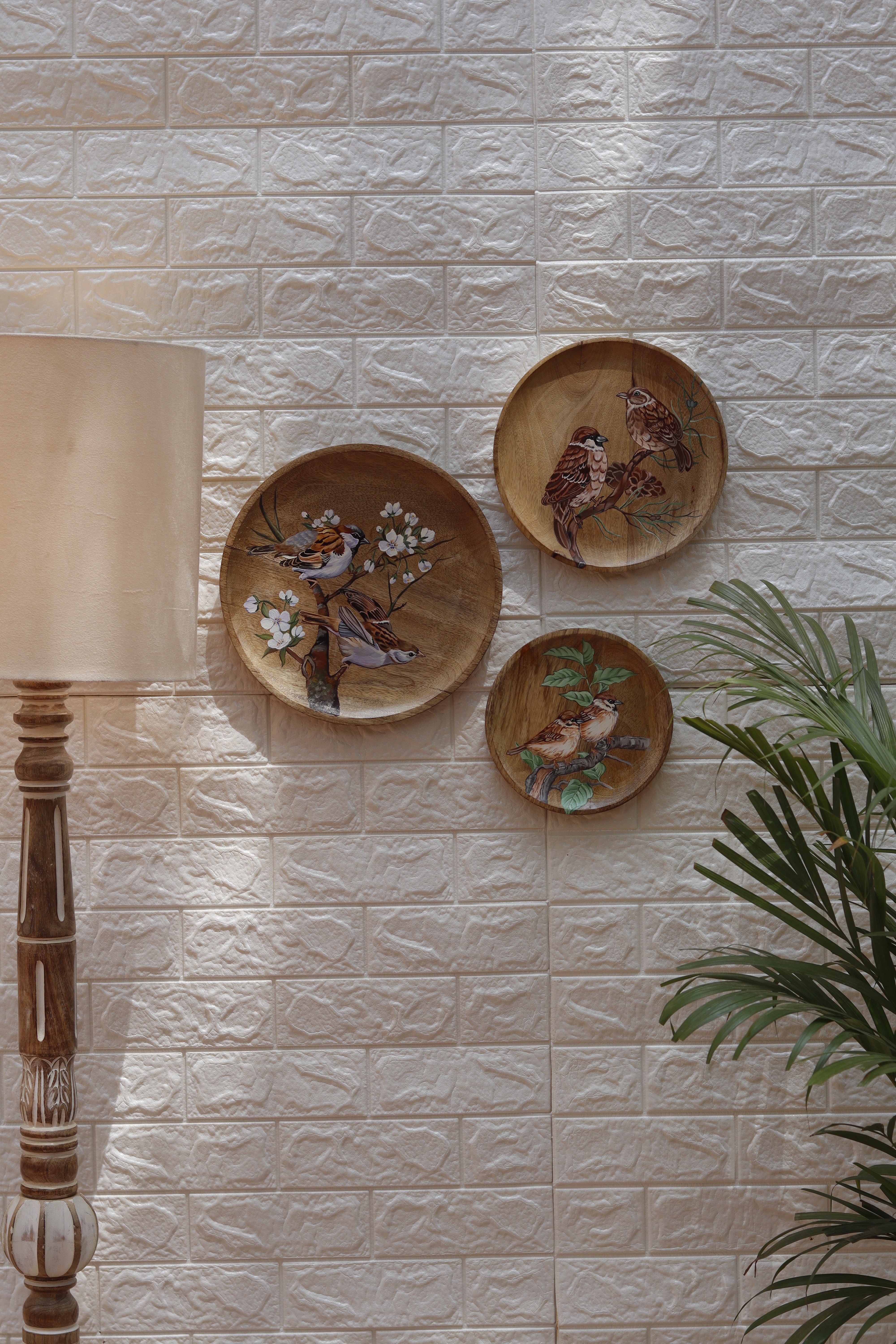 Nature’s Chorus – Hand-Painted Wooden Wall Plate Set of 3