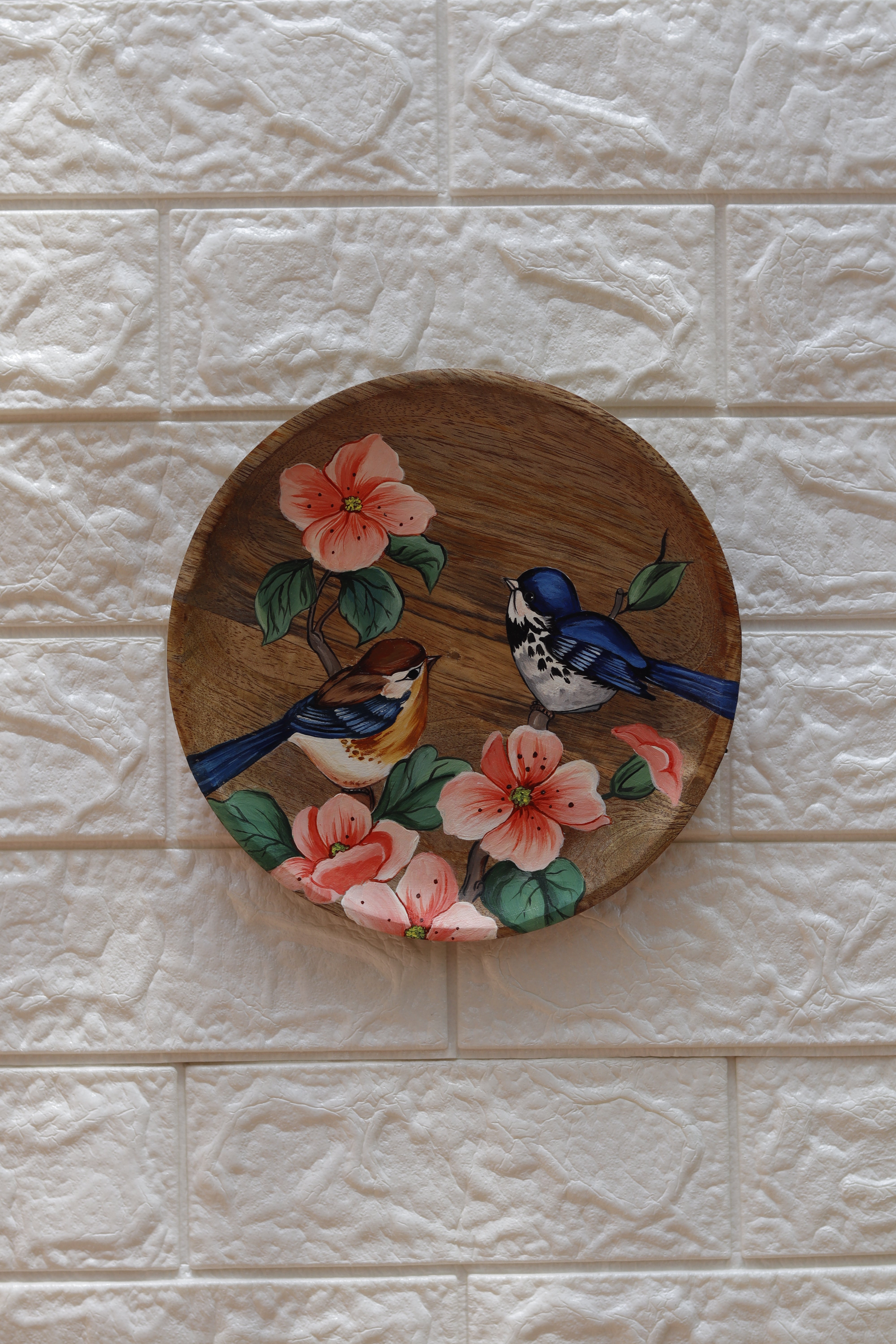 Songbirds in Bloom – Hand-Painted Wooden Wall Plate Set of 3
