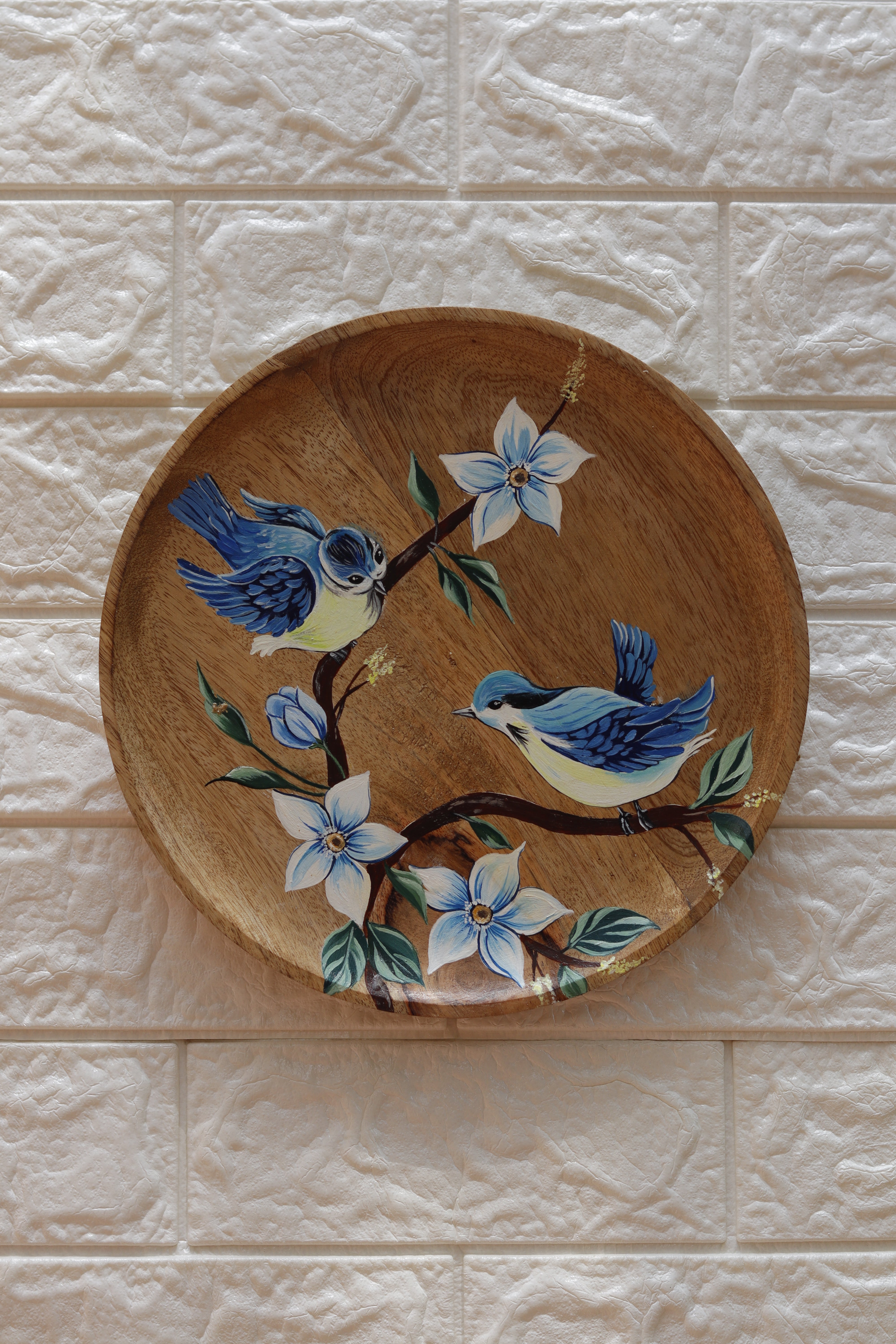 Songbirds in Bloom – Hand-Painted Wooden Wall Plate Set of 3