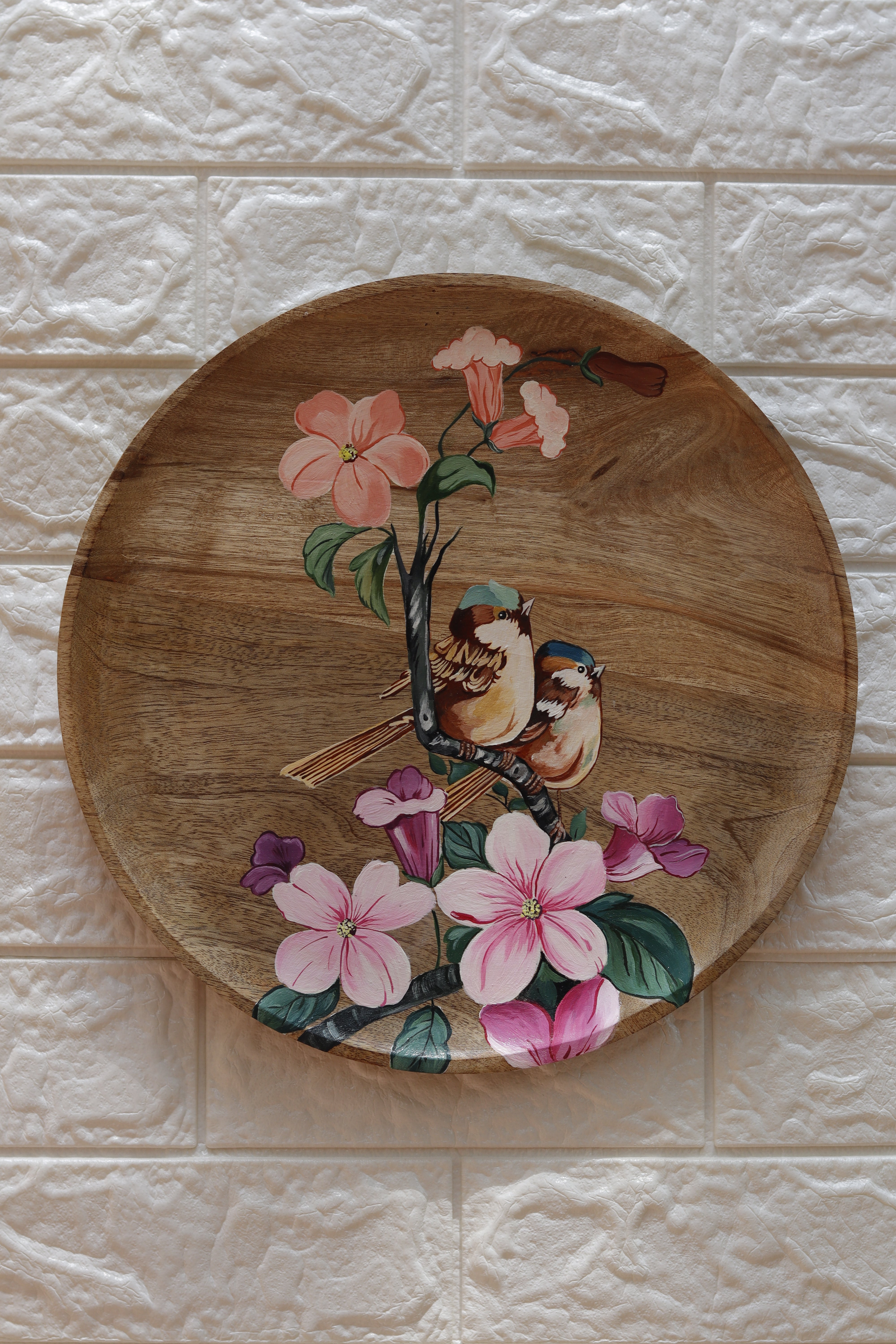 Songbirds in Bloom – Hand-Painted Wooden Wall Plate Set of 3
