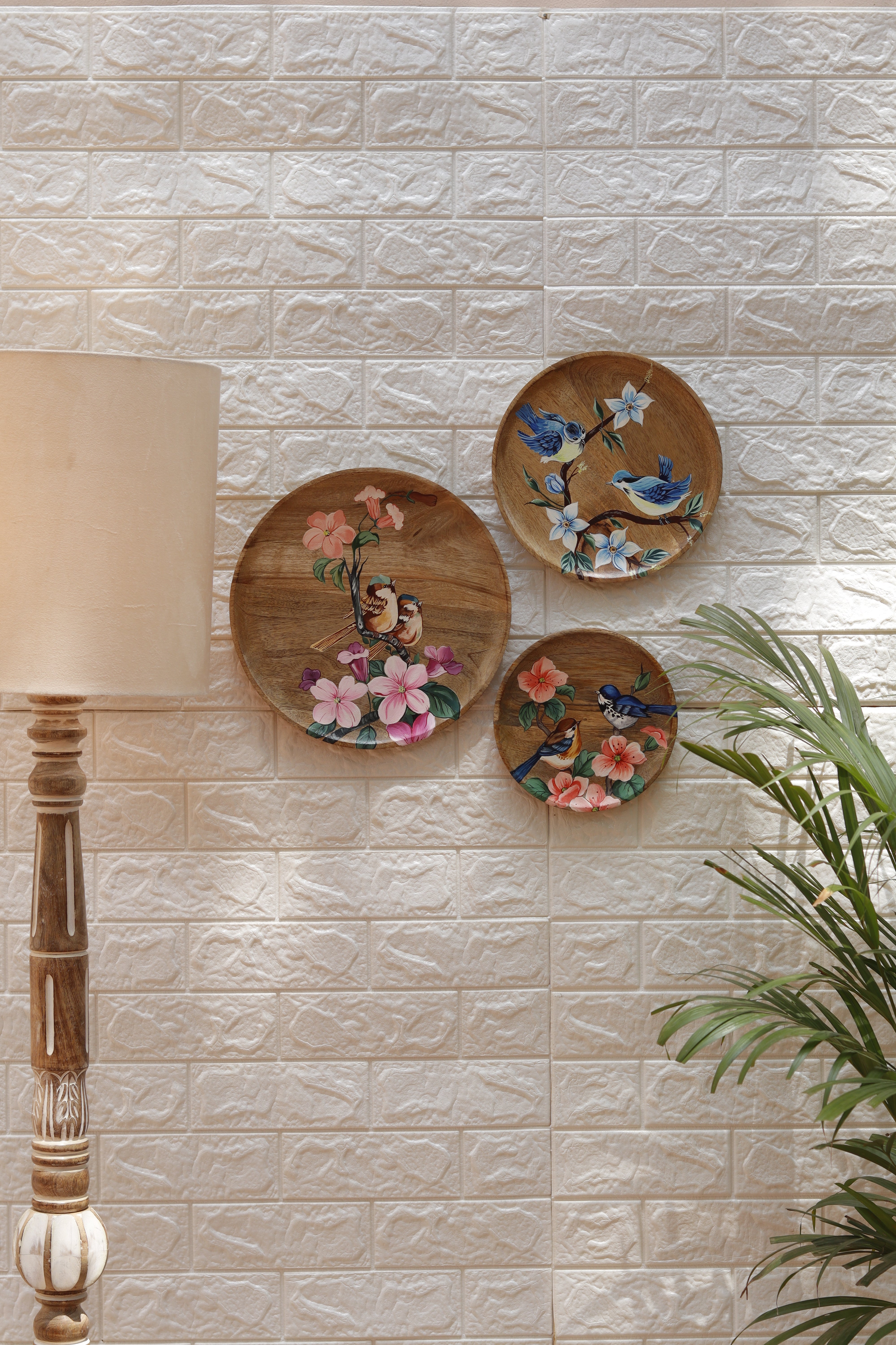 Songbirds in Bloom – Hand-Painted Wooden Wall Plate Set of 3