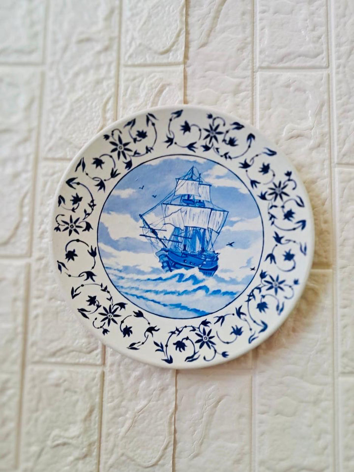 Voyage in Blue – 12'' Hand-Painted Ship Terracotta Plate