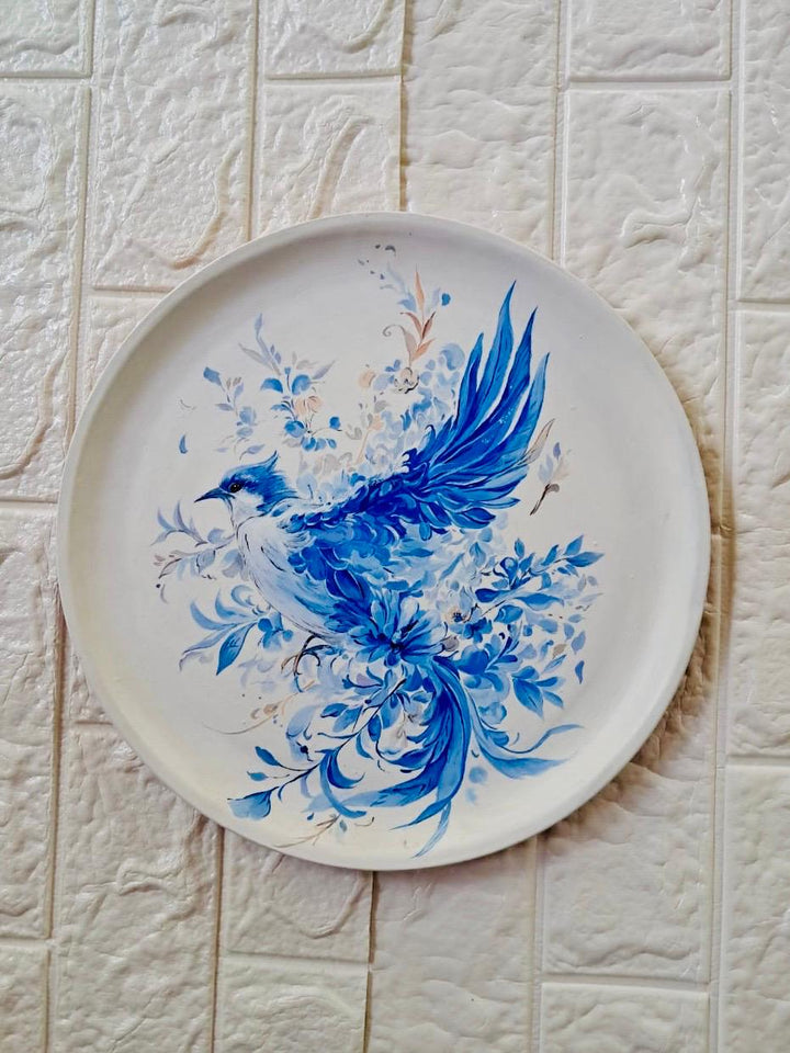 Wings of Grace – 12'' Hand-Painted Blue Bird Terracotta Plate