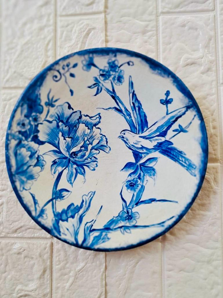Spring Whispers – 12'' Blue & White Hand-Painted Terracotta Plate