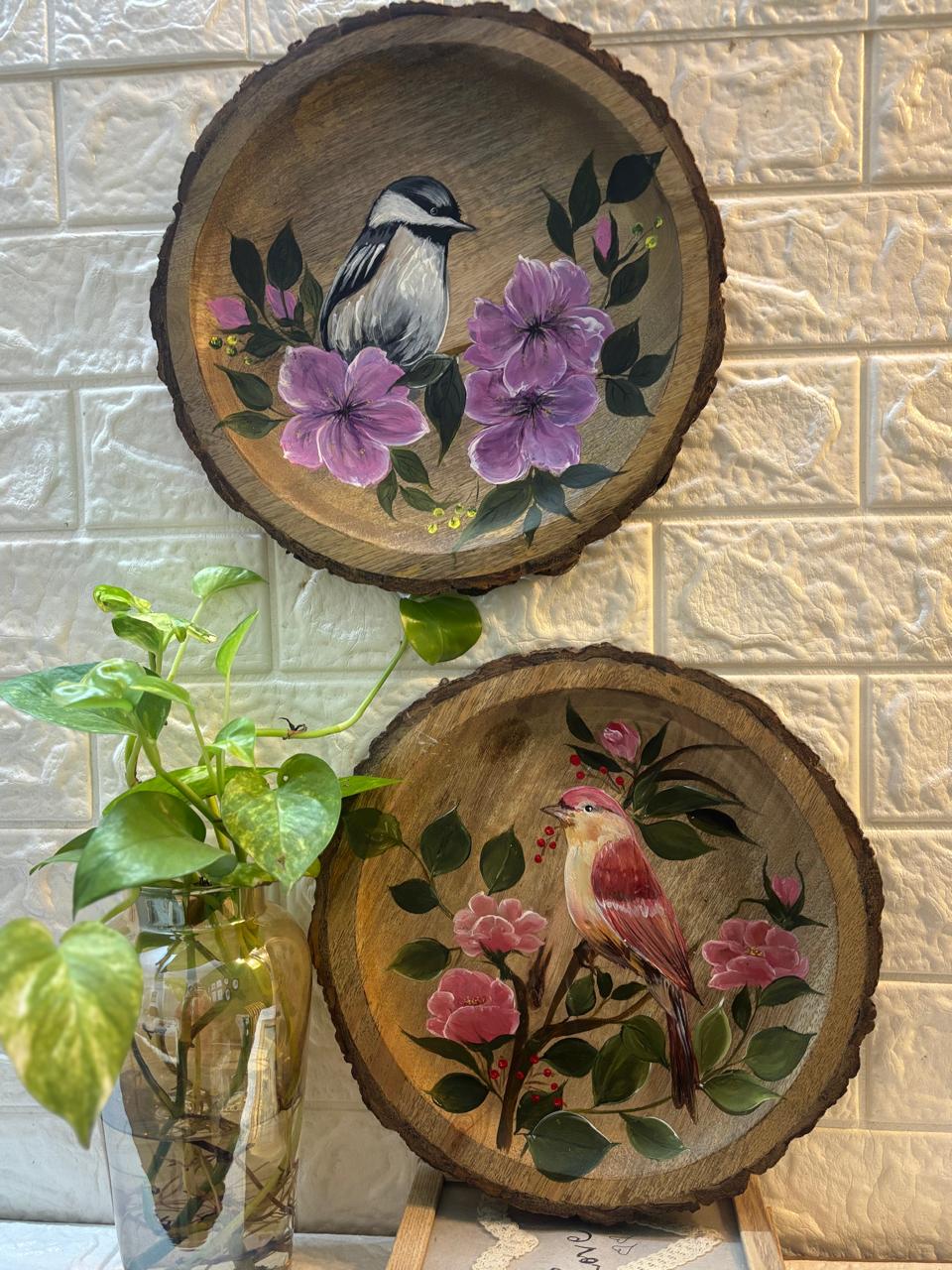 Nature’s Whispers – Hand-Painted Wooden Slice Wall Plates (Set of 2)