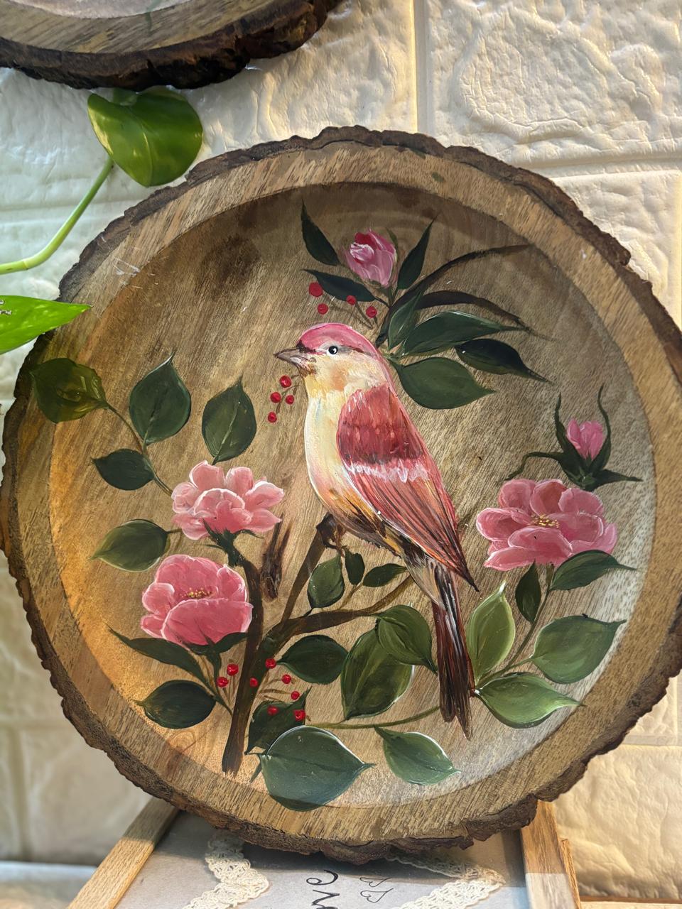 Nature’s Whispers – Hand-Painted Wooden Slice Wall Plates (Set of 2)
