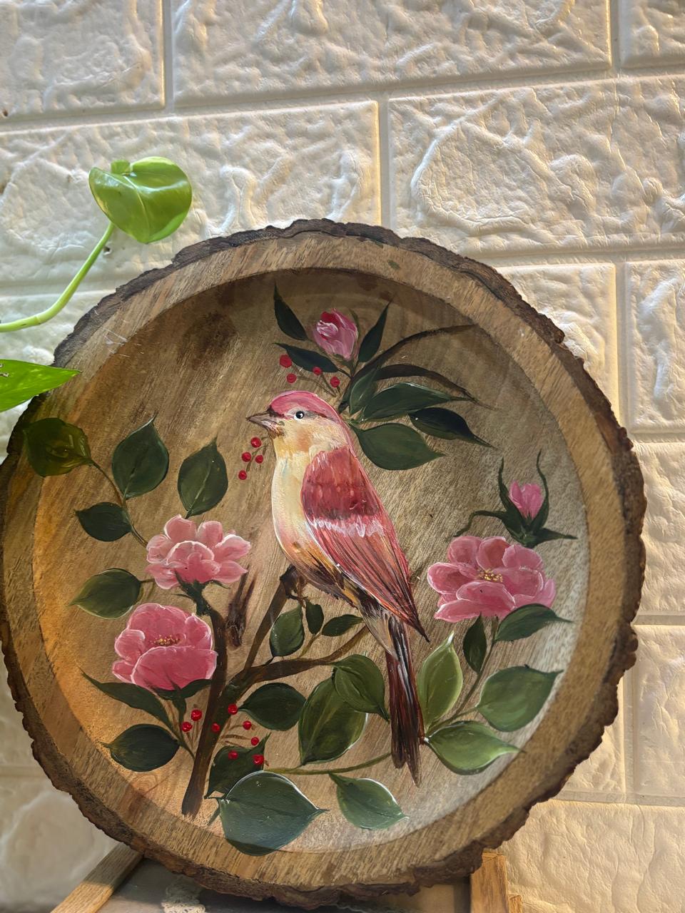 Nature’s Whispers – Hand-Painted Wooden Slice Wall Plates (Set of 2)