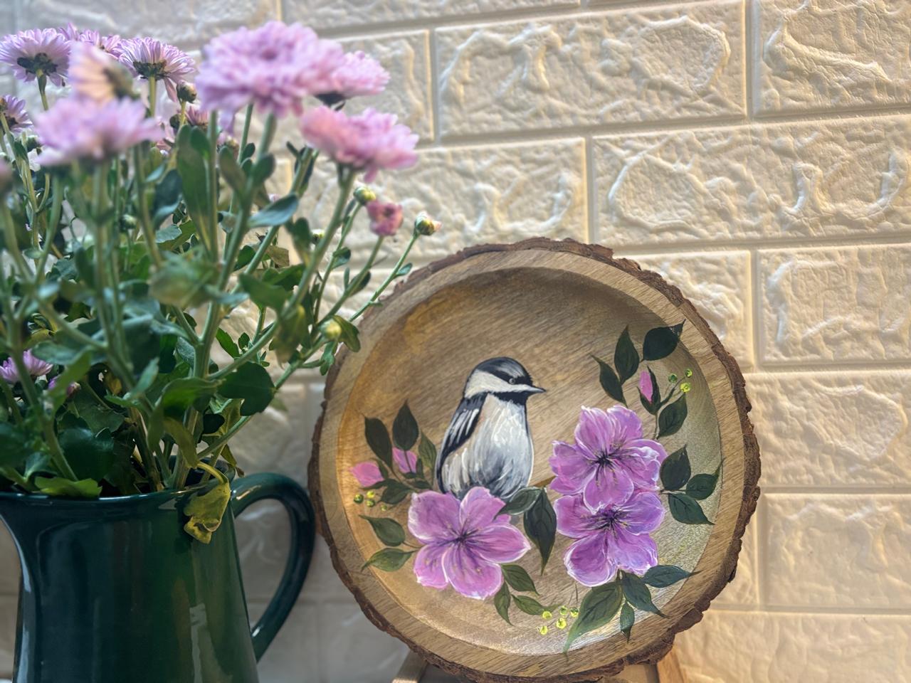 Nature’s Whispers – Hand-Painted Wooden Slice Wall Plates (Set of 2)