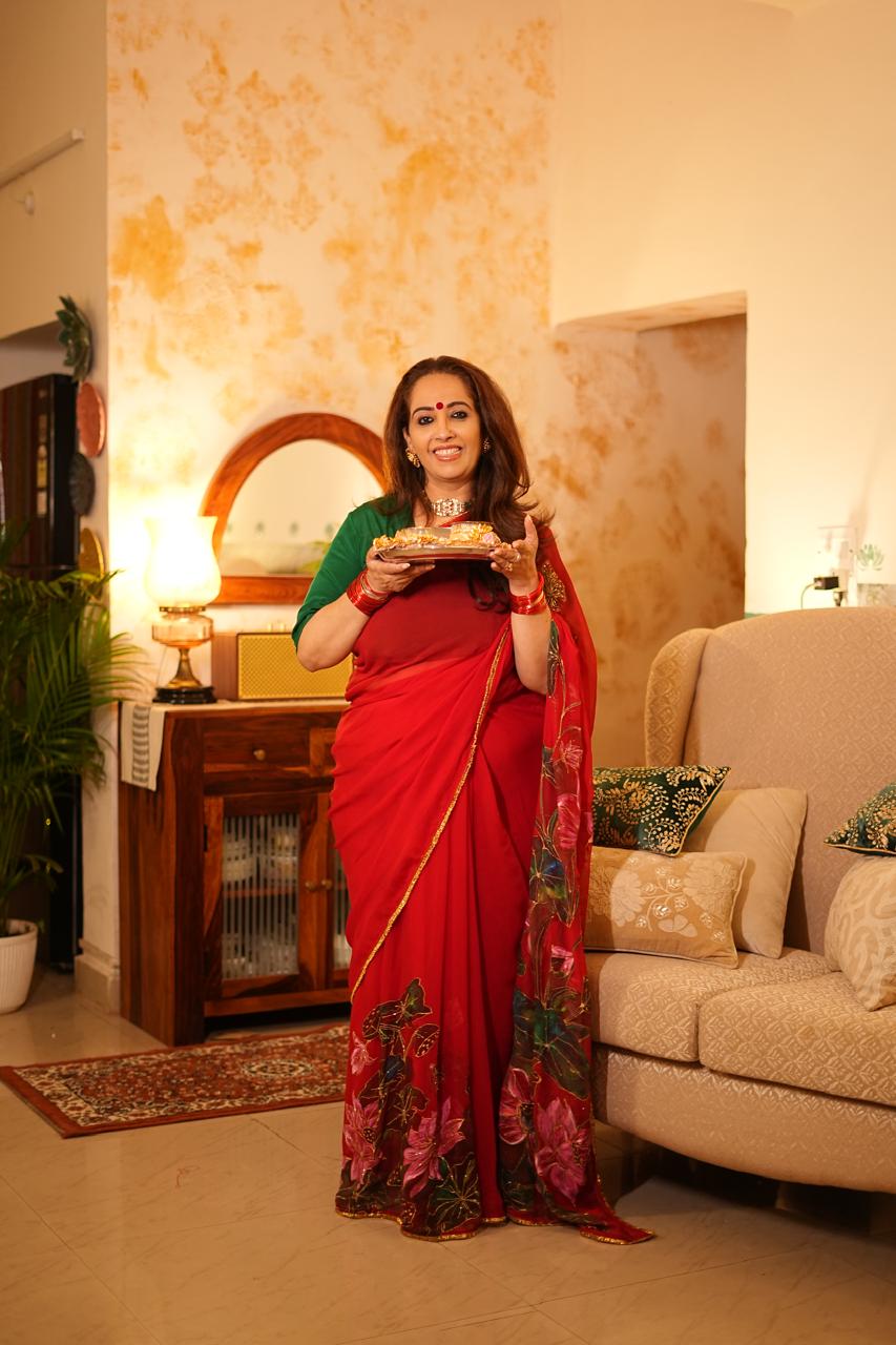 Elegant Red Chiffon Saree with Hand-Painted Lotus Motifs