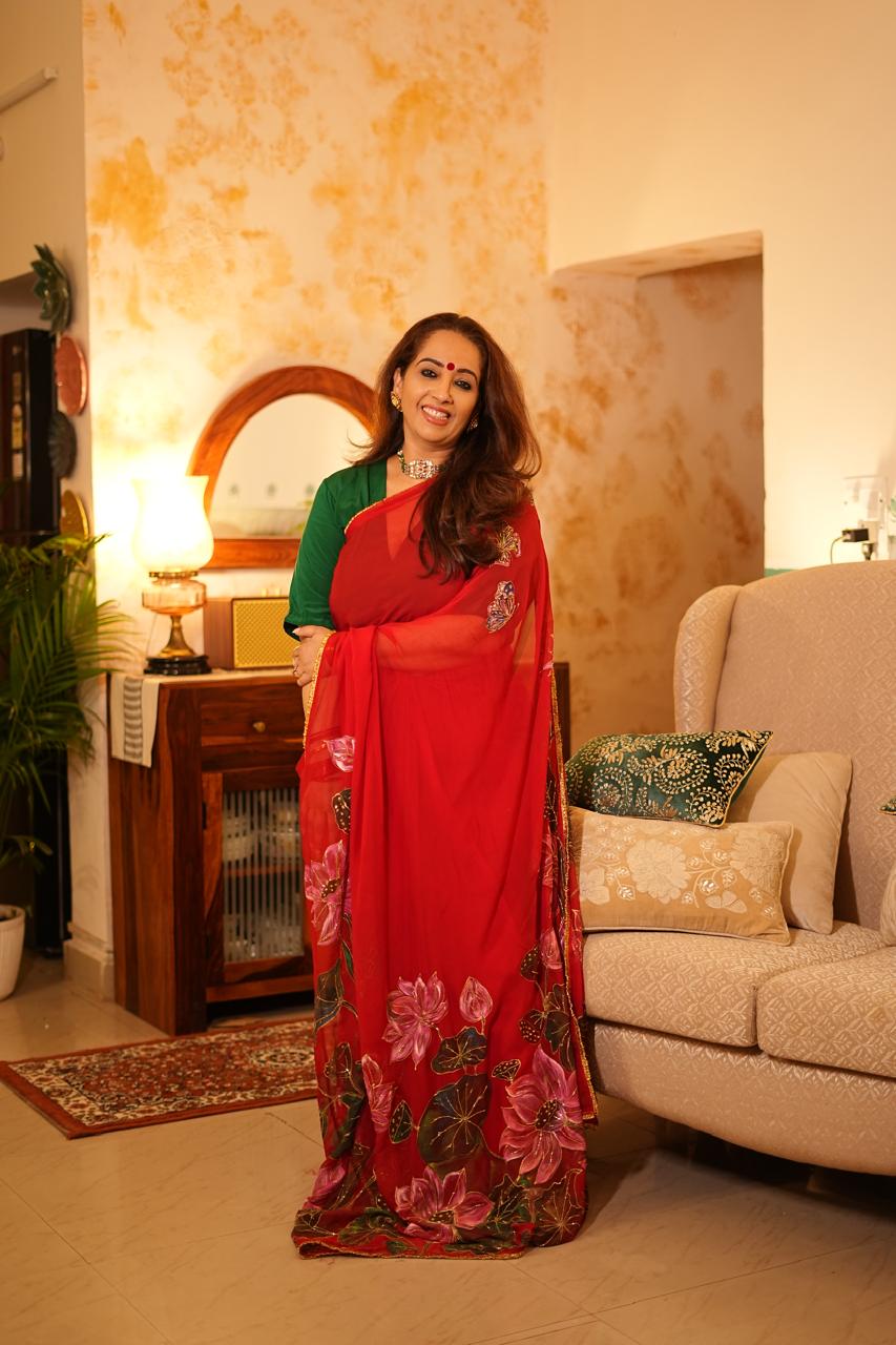 Elegant Red Chiffon Saree with Hand-Painted Lotus Motifs