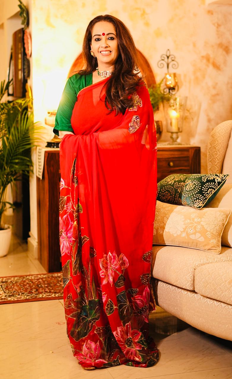 Elegant Red Chiffon Saree with Hand-Painted Lotus Motifs