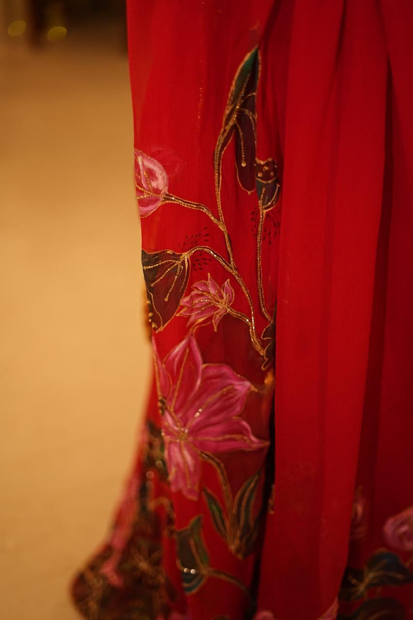 Elegant Red Chiffon Saree with Hand-Painted Lotus Motifs