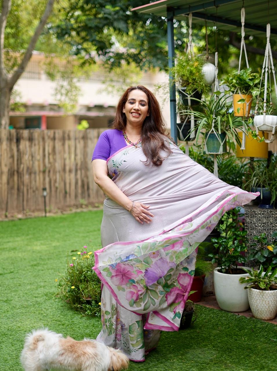 Pure Chinnon Chiffon Saree Hand Painted with Silk Dyes