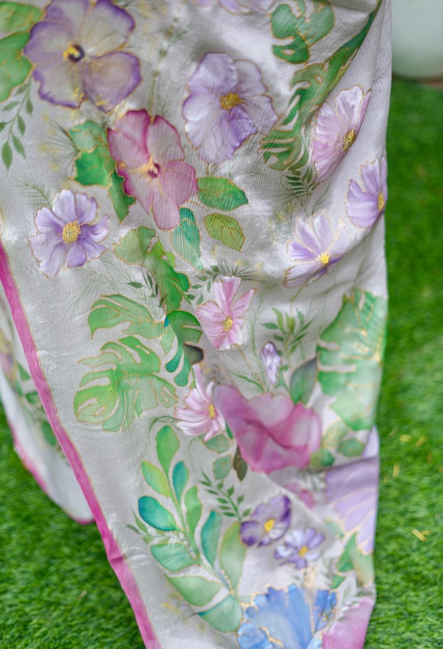 Pure Chinnon Chiffon Saree Hand Painted with Silk Dyes