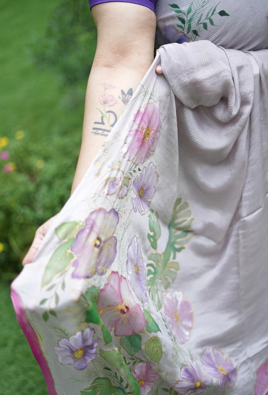 Pure Chinnon Chiffon Saree Hand Painted with Silk Dyes