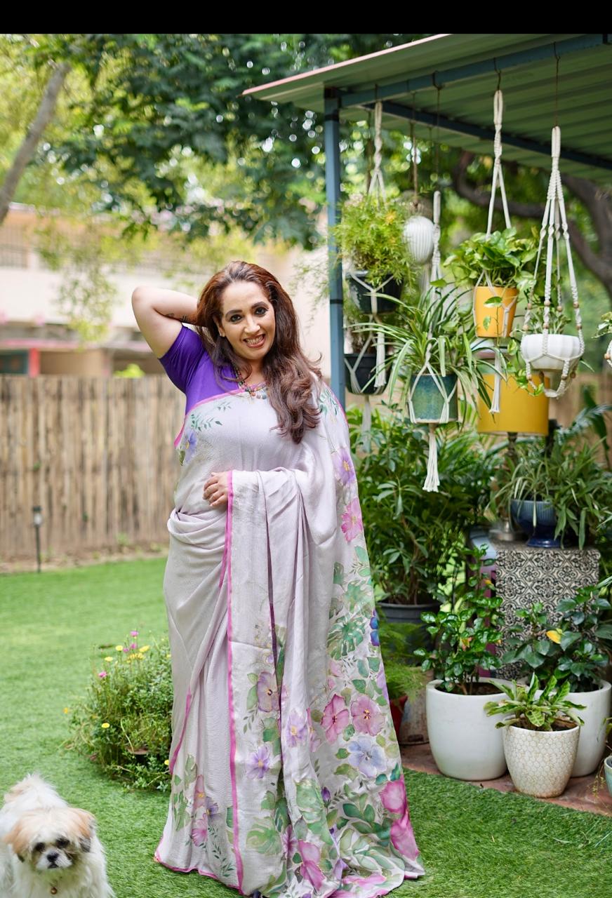 Pure Chinnon Chiffon Saree Hand Painted with Silk Dyes