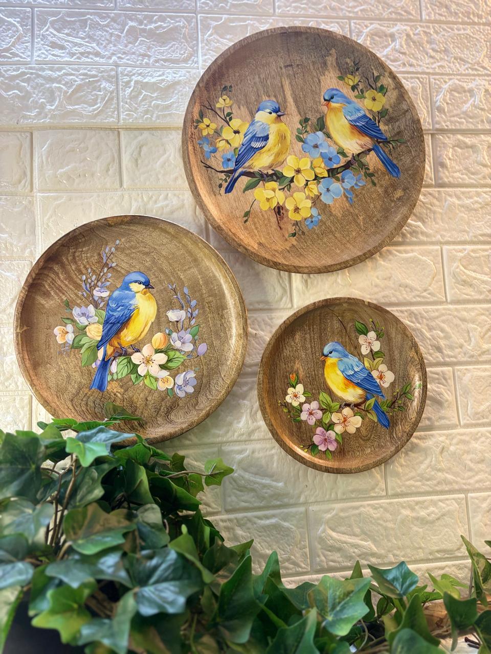 Golden Songbirds – Hand-Painted Wooden Wall Plate Set of 3