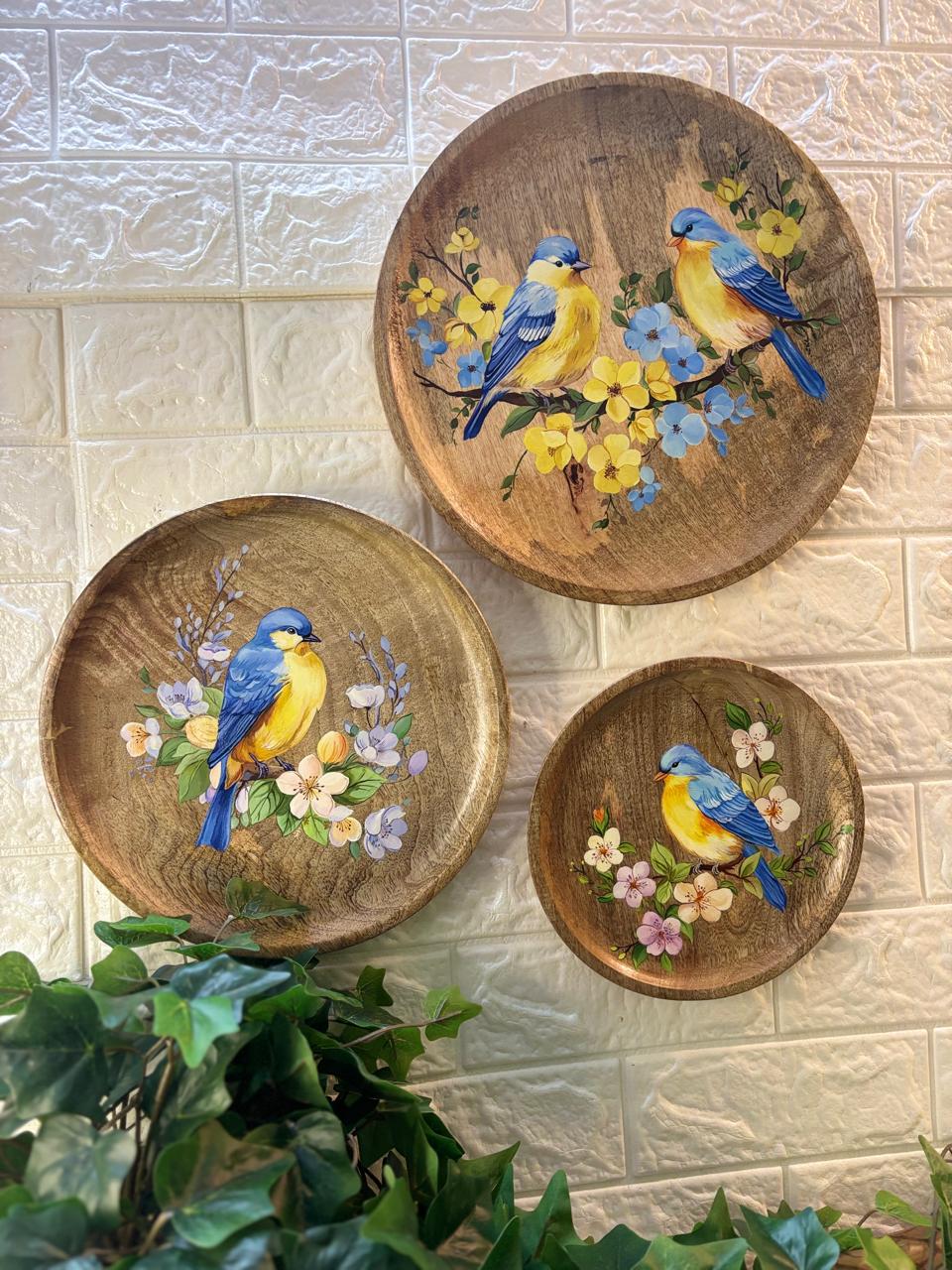 Golden Songbirds – Hand-Painted Wooden Wall Plate Set of 3