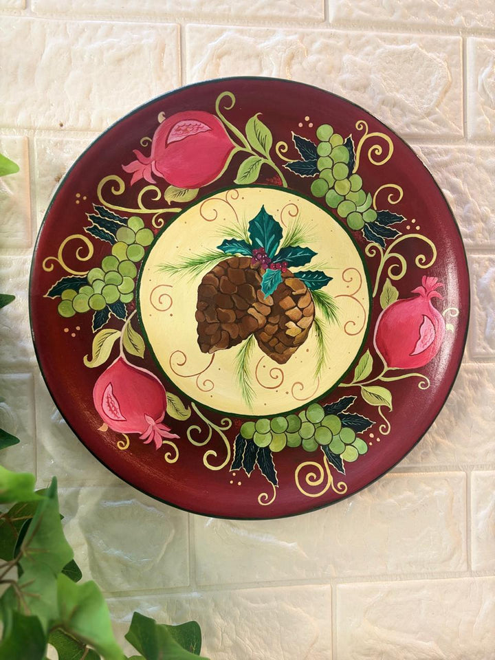 Hand-Painted Terracotta Decorative Plate – Pinecone Harvest Collection (12”)