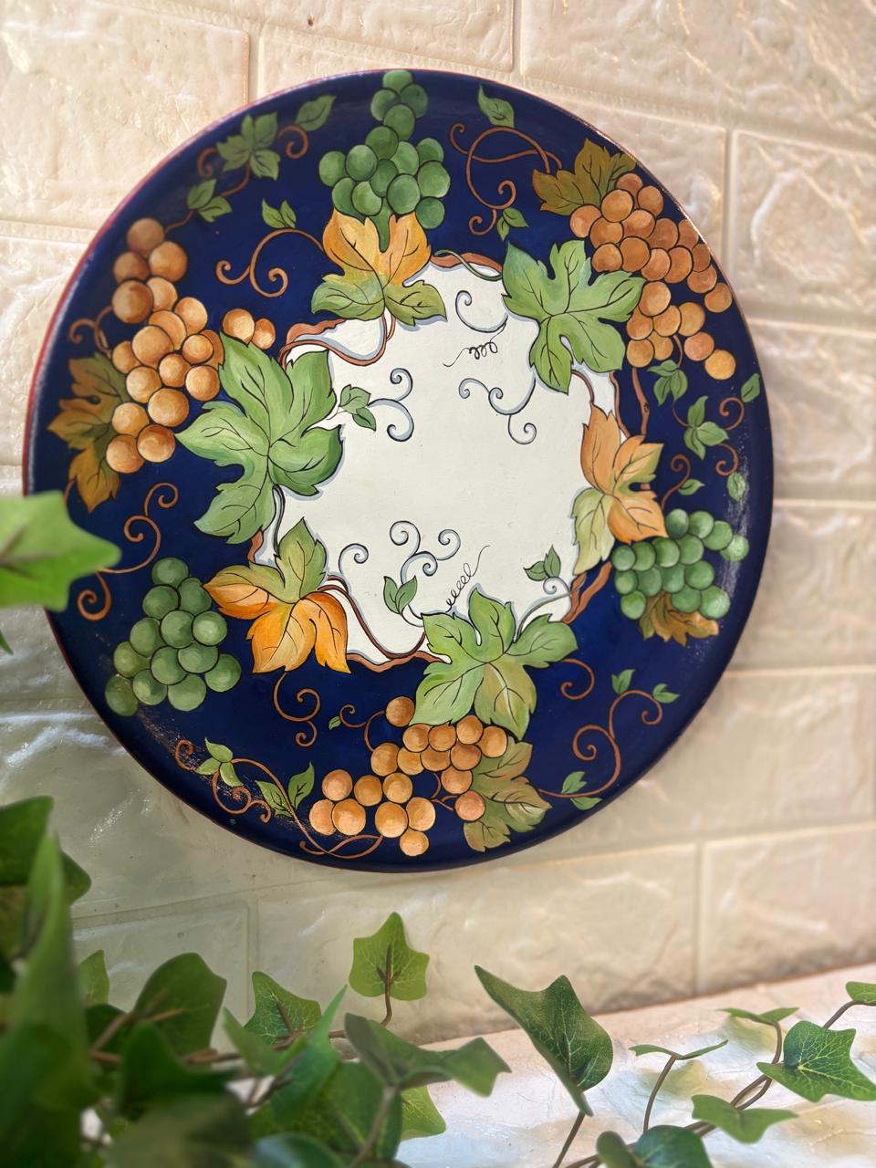 Hand-Painted Terracotta Decorative Plate – Vineyard Harvest (12”)