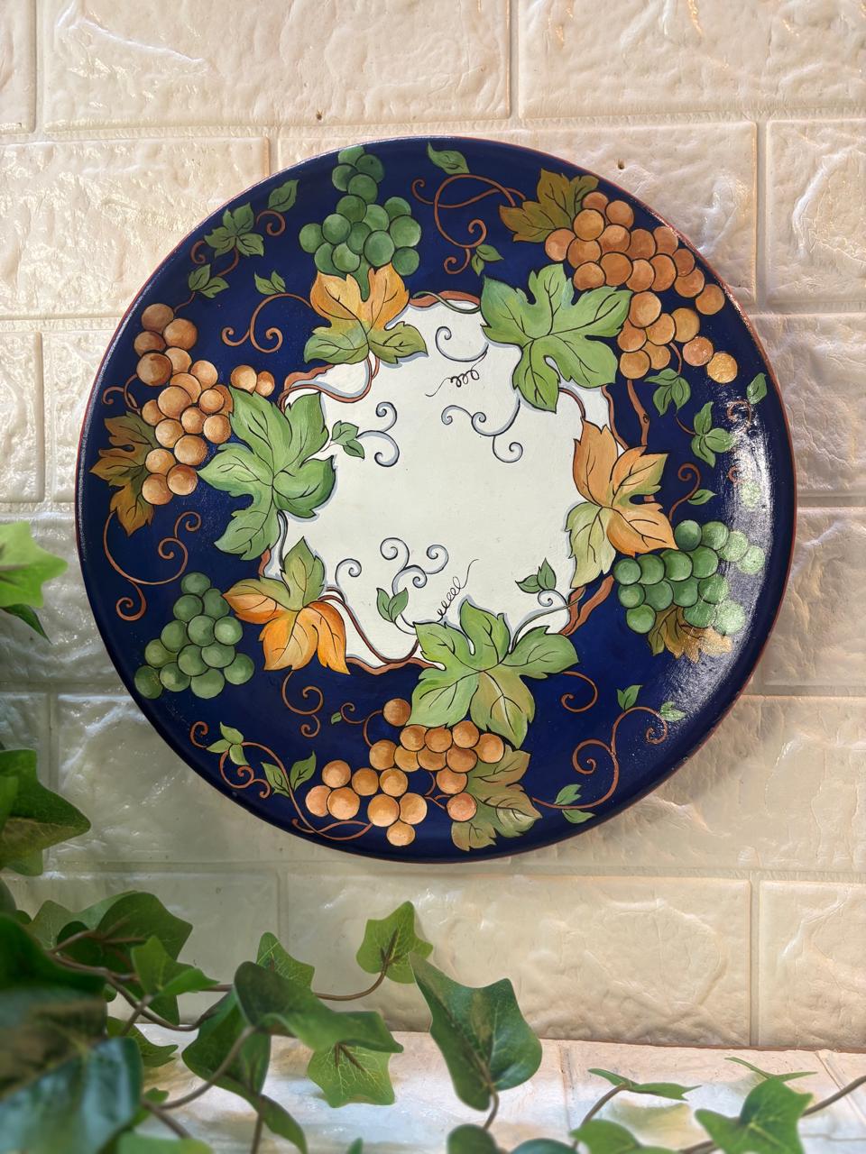 Hand-Painted Terracotta Decorative Plate – Vineyard Harvest (12”)