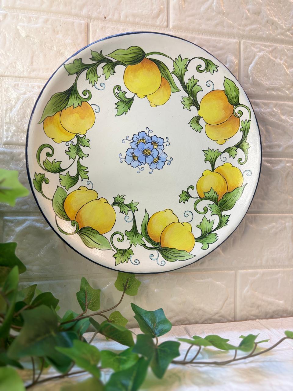 Hand-Painted Terracotta Decorative Plate – Lemon Blossom Garland (12”)