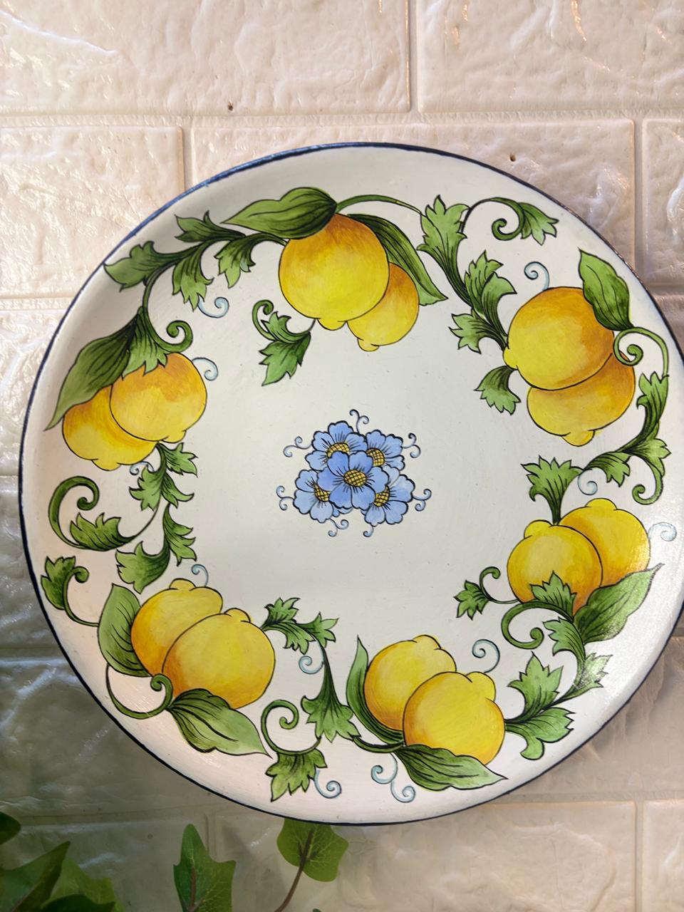 Hand-Painted Terracotta Decorative Plate – Lemon Blossom Garland (12”)