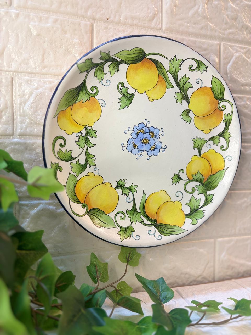 Hand-Painted Terracotta Decorative Plate – Lemon Blossom Garland (12”)