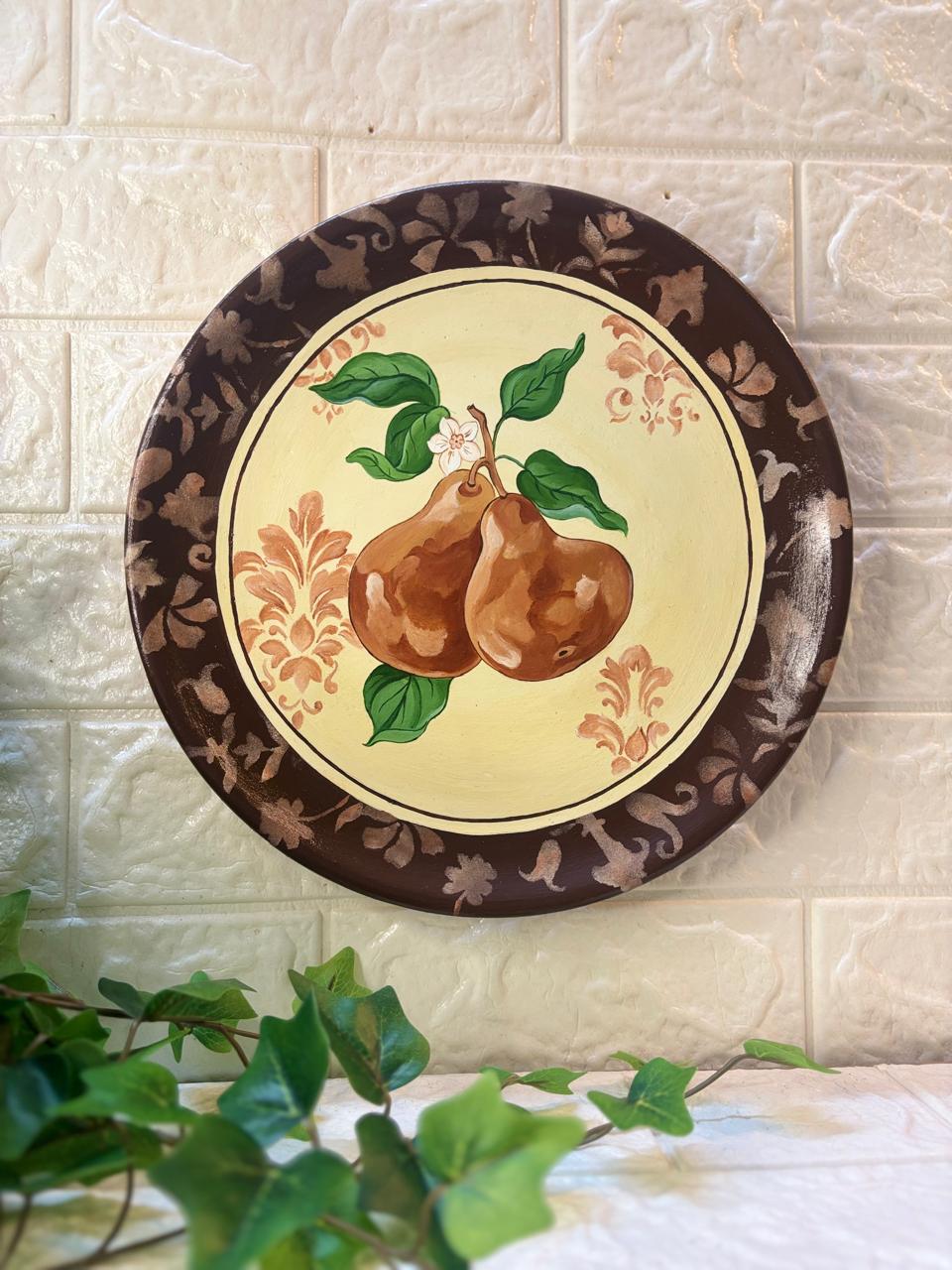 Hand-Painted Terracotta Decorative Plate – Rustic Pear Duo (12”)