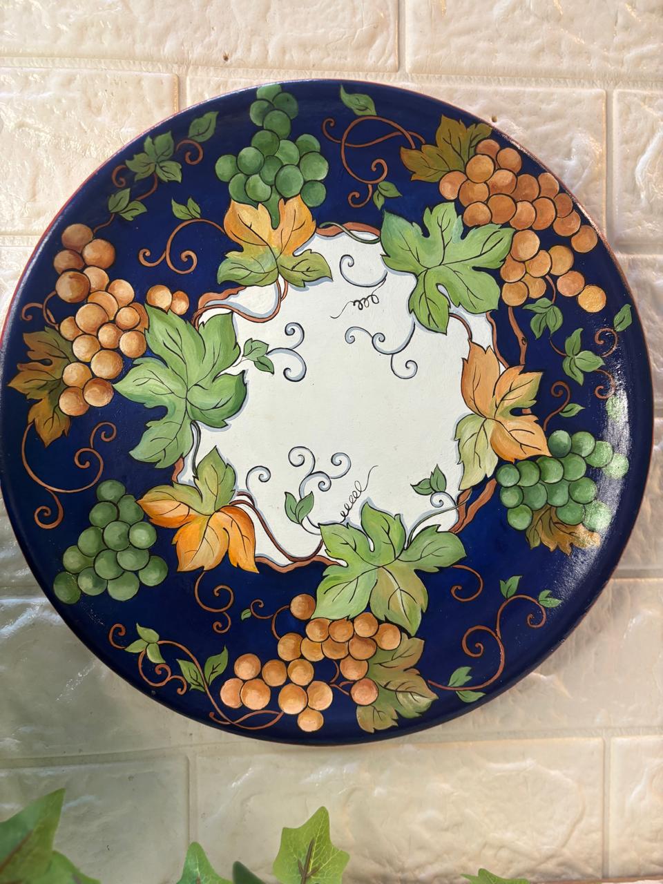 Hand-Painted Terracotta Decorative Plate – Vineyard Harvest (12”)