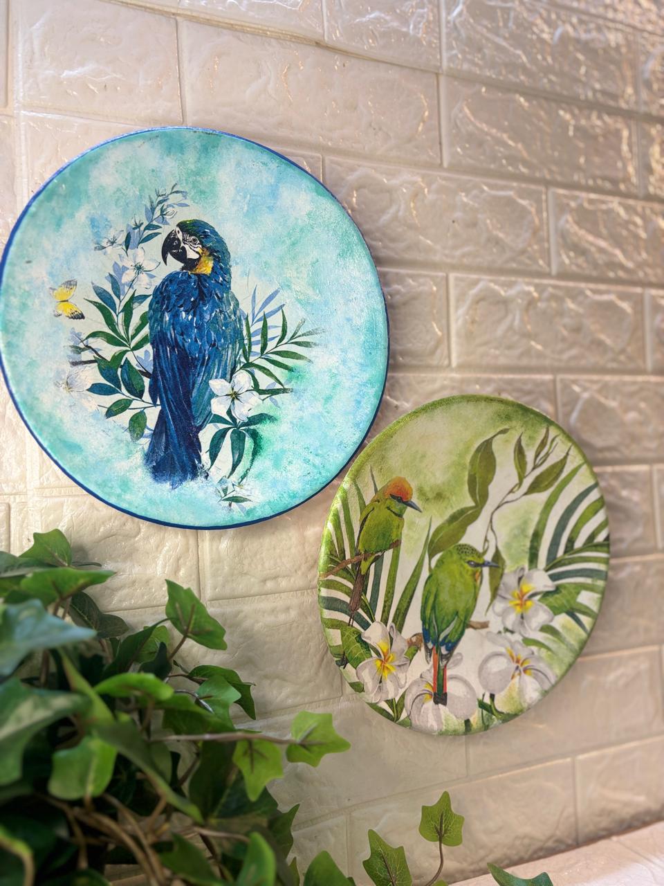 Hand-Painted Terracotta Decorative Plates – Tropical Bird Paradise (Set of 2)