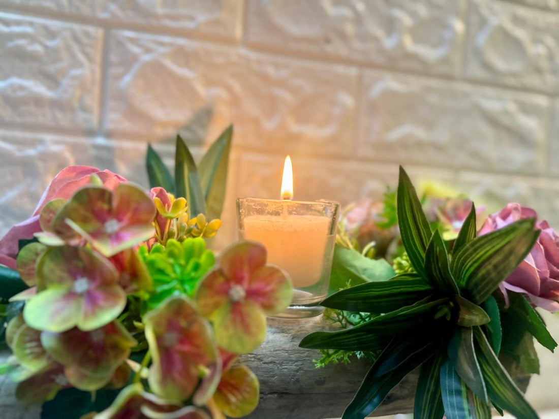 Blush Serenity – Floral Candle Arrangement