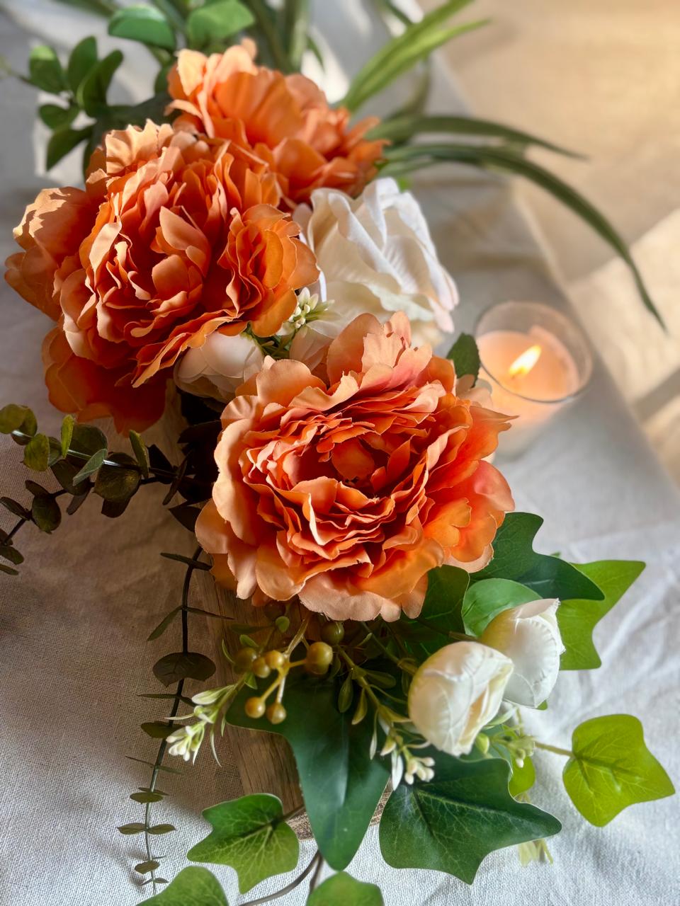 Amber Bloom – Rose & Candle Floral Arrangement