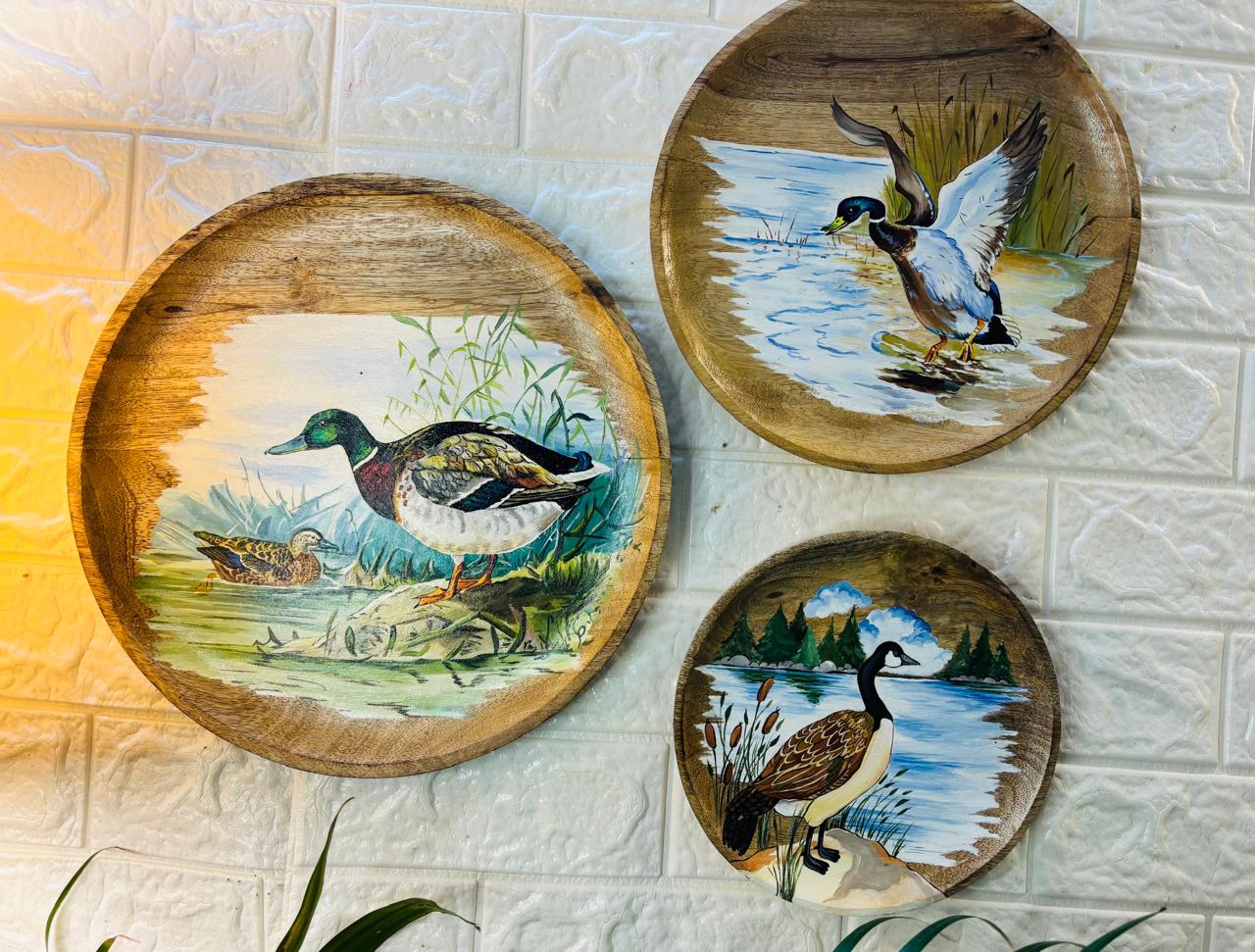 Whispers of the Wetlands – Hand-Painted Wooden Wall Plate Set of 3