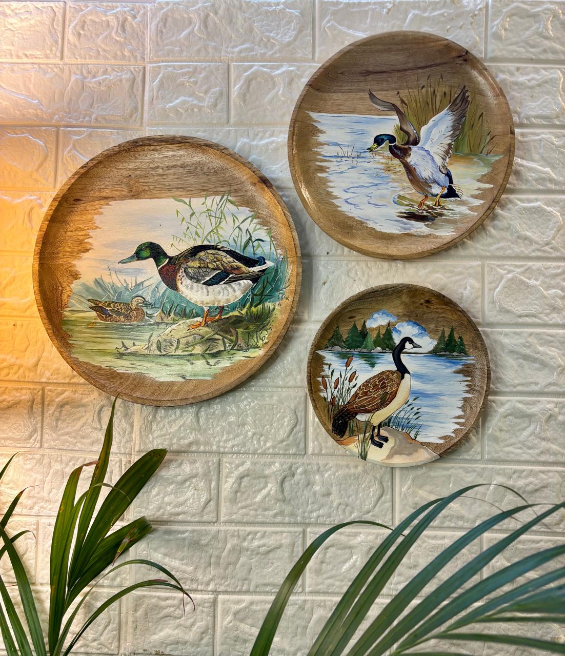 Whispers of the Wetlands – Hand-Painted Wooden Wall Plate Set of 3