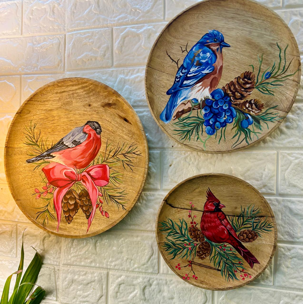 Winter Whispers – Hand-Painted Wooden Wall Plate Set of 3