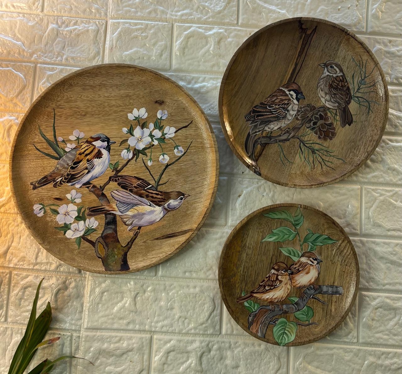Nature’s Chorus – Hand-Painted Wooden Wall Plate Set of 3