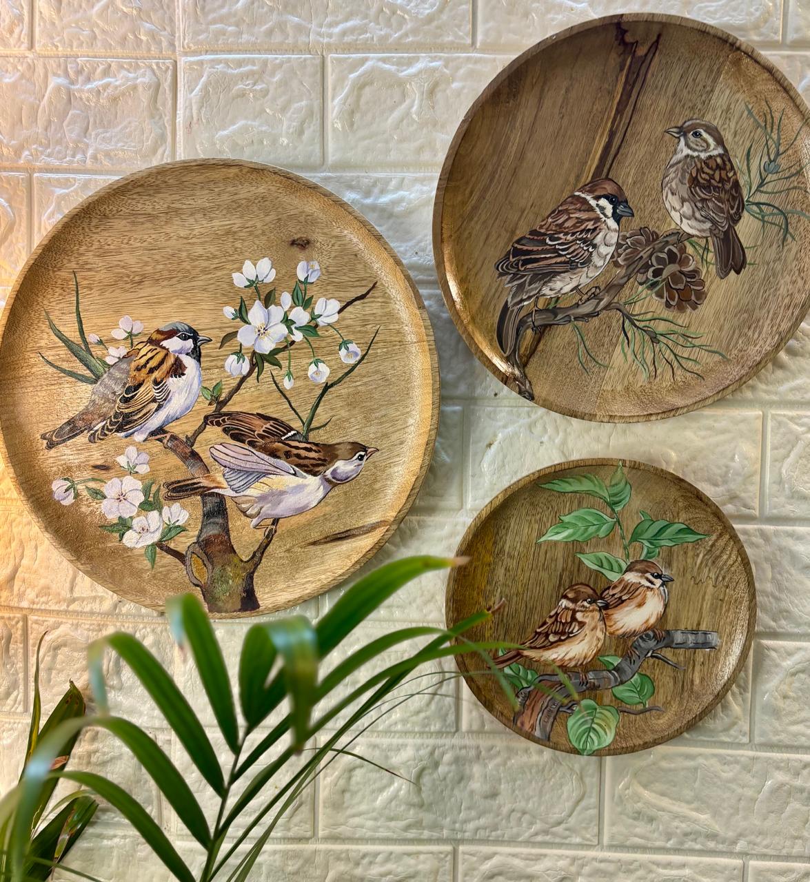 Nature’s Chorus – Hand-Painted Wooden Wall Plate Set of 3