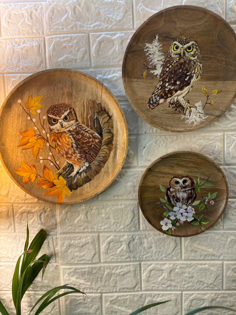 Silent Watchers – Hand-Painted Wooden Wall Plate Set of 3