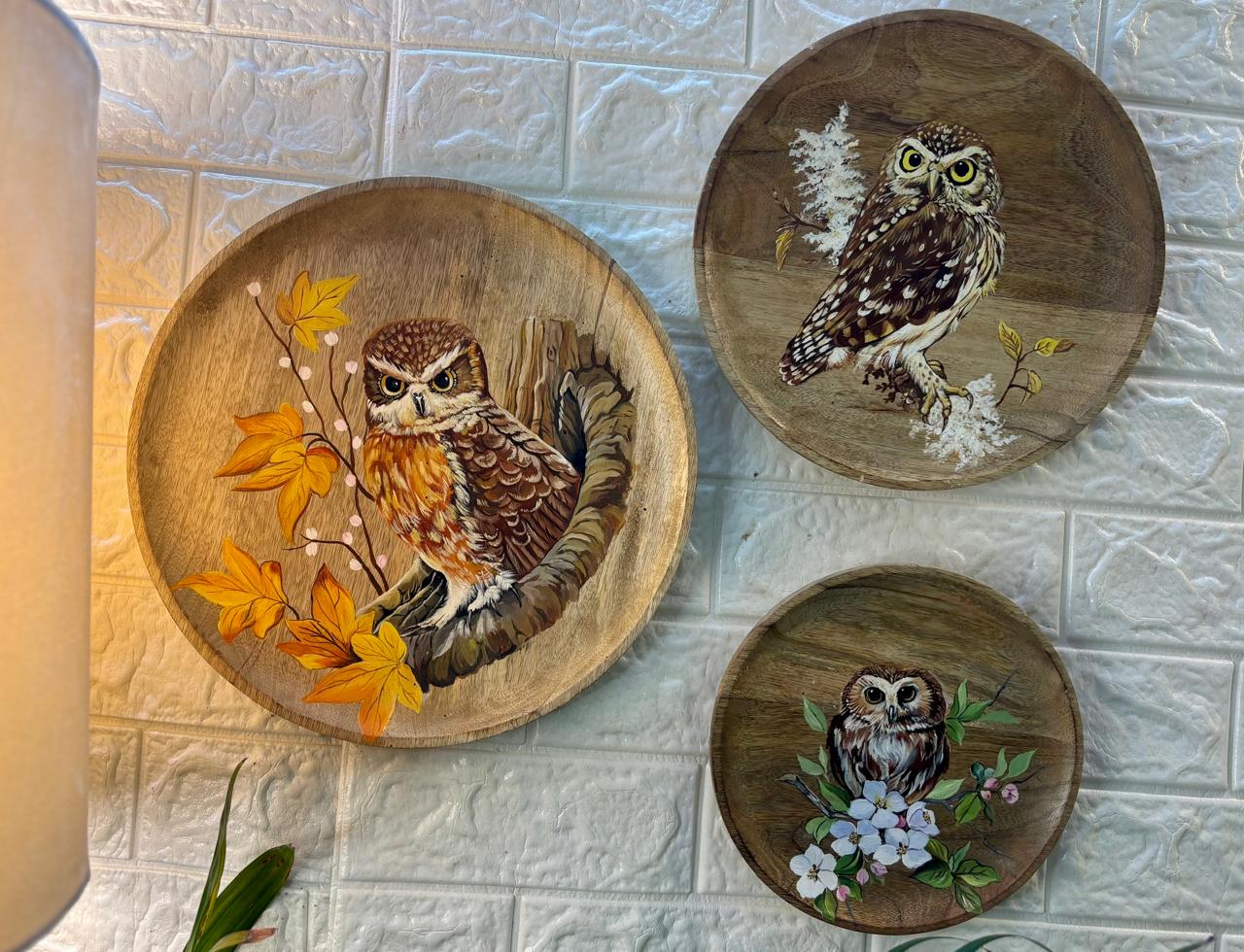 Silent Watchers – Hand-Painted Wooden Wall Plate Set of 3
