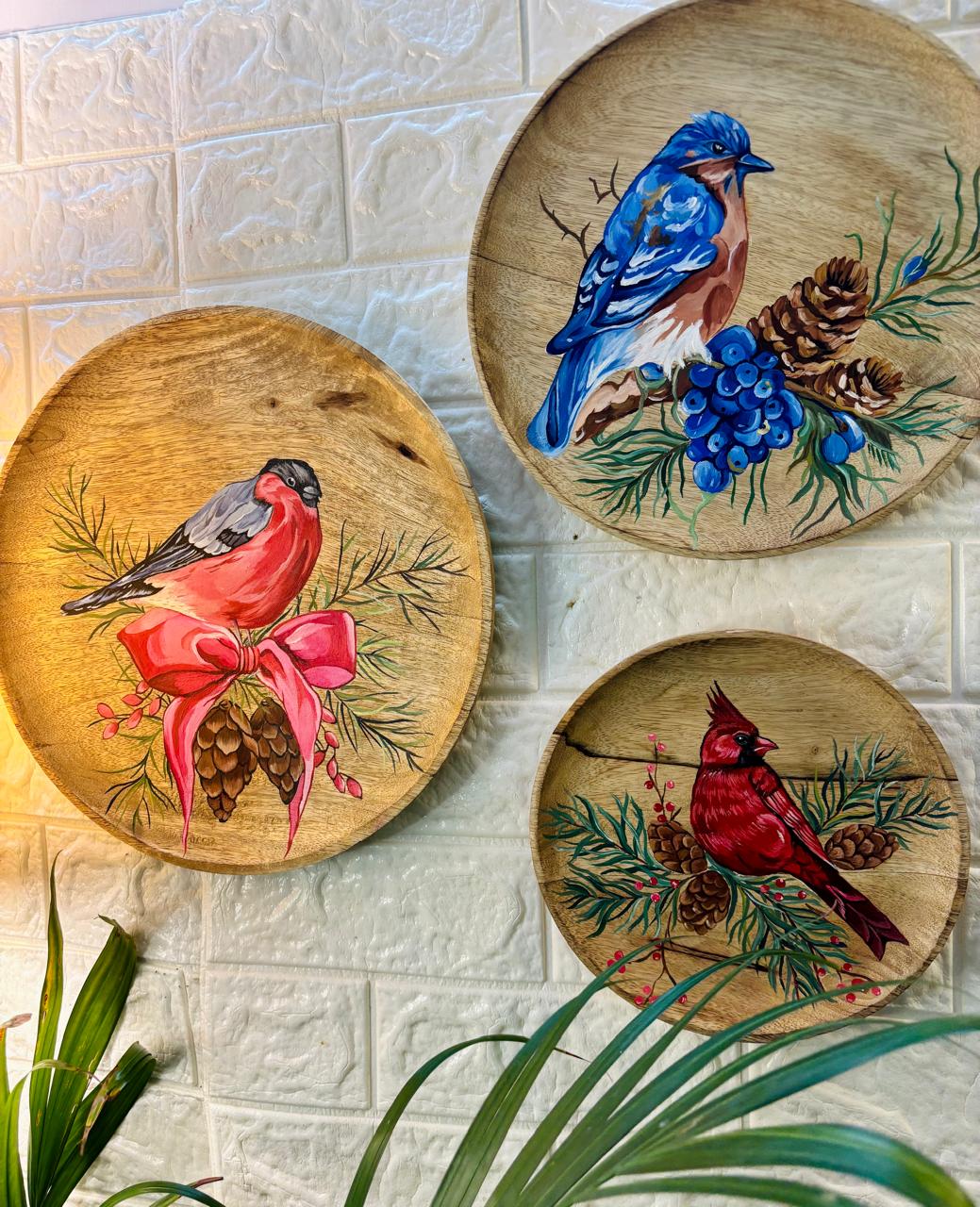Winter Whispers – Hand-Painted Wooden Wall Plate Set of 3