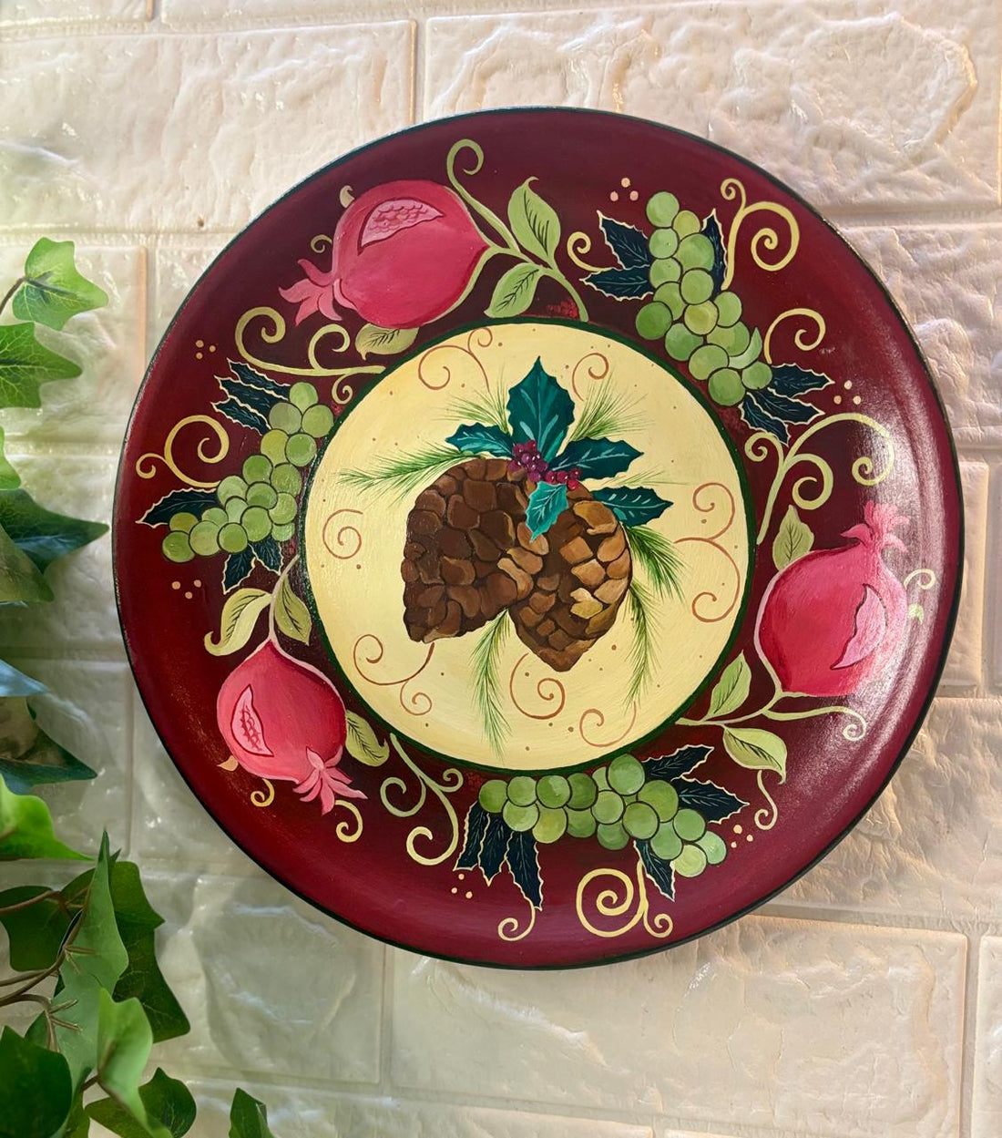 Hand-Painted Terracotta Decorative Plate – Pinecone Harvest Collection (12”)