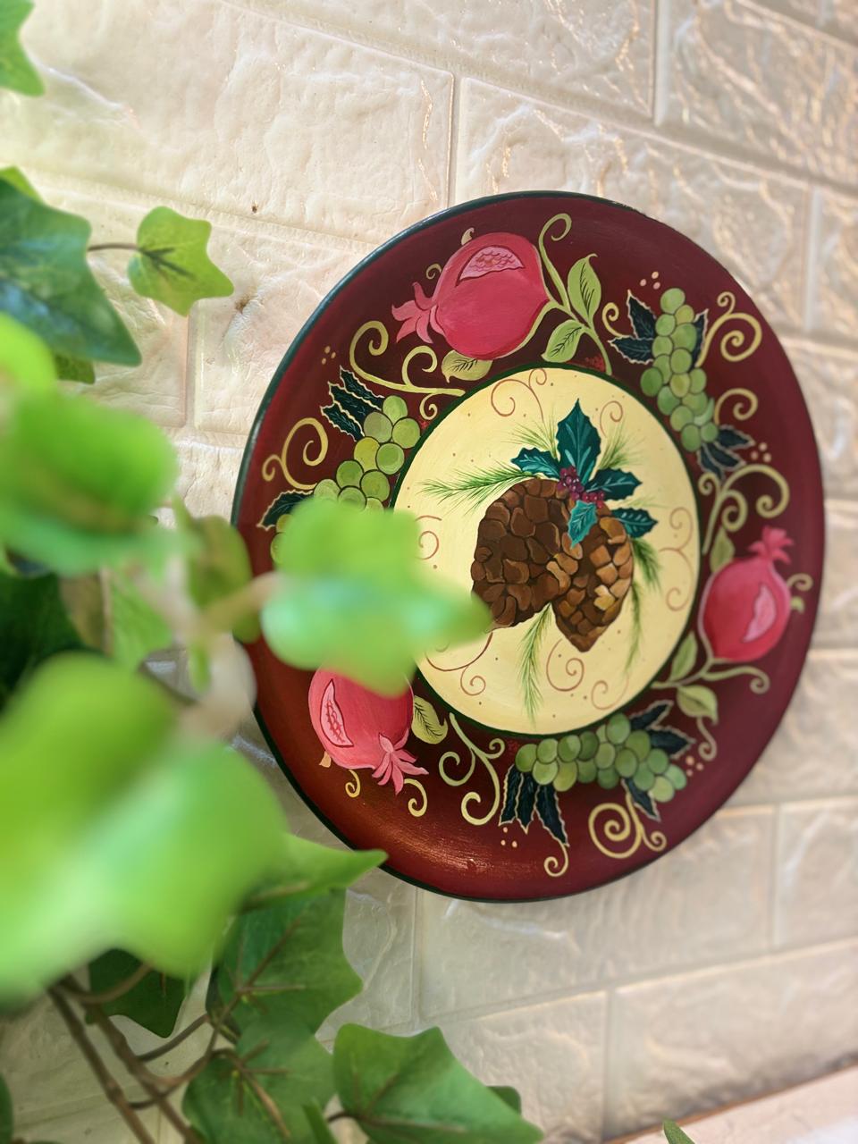 Hand-Painted Terracotta Decorative Plate – Pinecone Harvest Collection (12”)